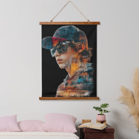 Doppelte Exposition der städtischen Lebensräume Wandteppich Mit Holzrahmen (Schlafzimmer)