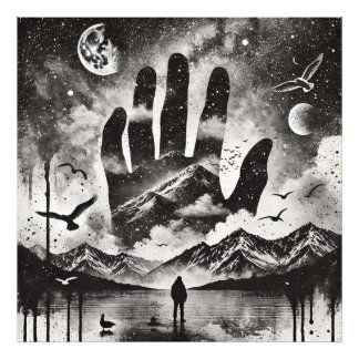 Doppelte Exposition Hand in Berglandschaft Himmel Fotodruck