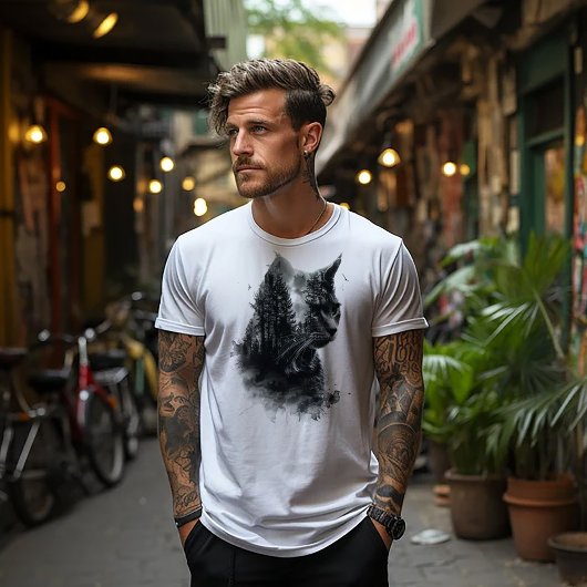 Doppelte Exposition von Katzen und Wäldern T-Shirt