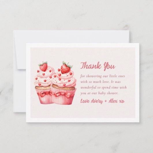 Doppelte Liebe Pink Cupcake Twin Baby Dusche Dankeskarte (Vorderseite)