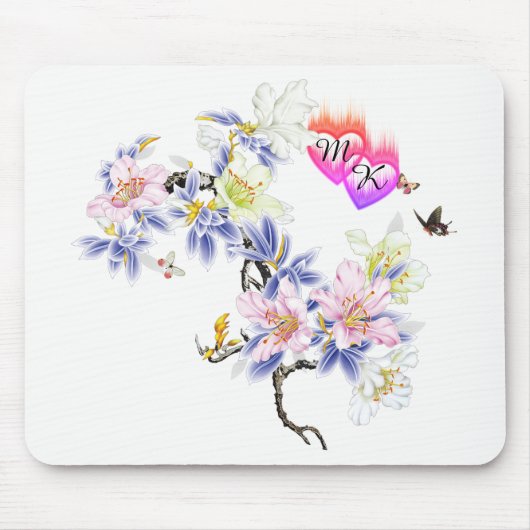 Doppelte Monogramm Flammenhefte mit Blume Mousepad (Vorne)