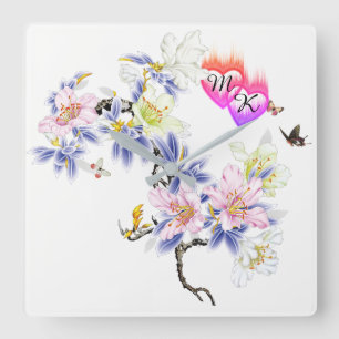 Doppelte Monogramm Flammenhefte mit Blume Quadratische Wanduhr