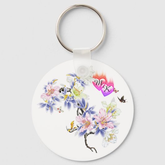 Doppelte Monogramm Flammenhefte mit Blume Schlüsselanhänger (Vorderseite)