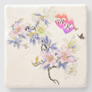 Doppelte Monogramm Flammenhefte mit Blume Steinuntersetzer