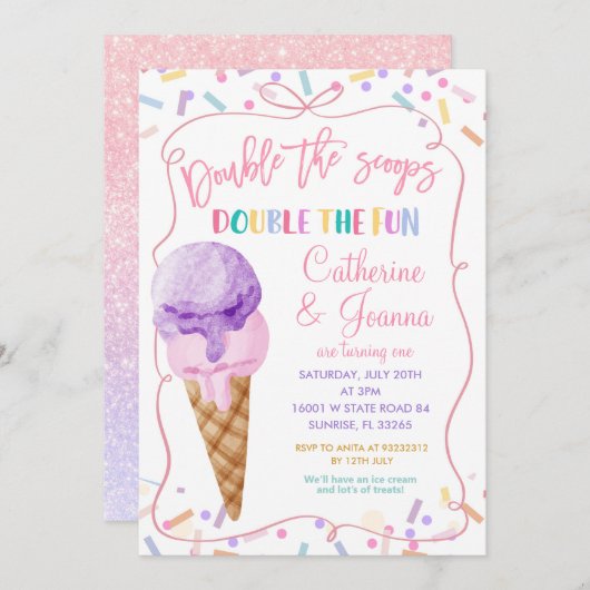 Doppelte Punkte Doppelter Spaß Birthday Ice Creme Einladung (Vorne/Hinten)