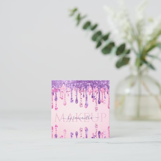 Doppelter Glitzer Rosa und Lila Sparkle Tropfen Ma Quadratische Visitenkarte (Stehend Vorderseite)