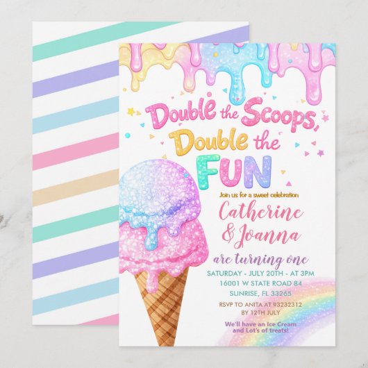 Doppelter Scoops Geburtstag Eiscreme Glitter Einladung (Vorne/Hinten)