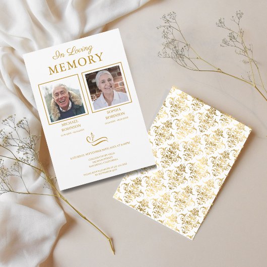 Doppeltes Gedenkfoto-Goldschrift-Funeral Einladung