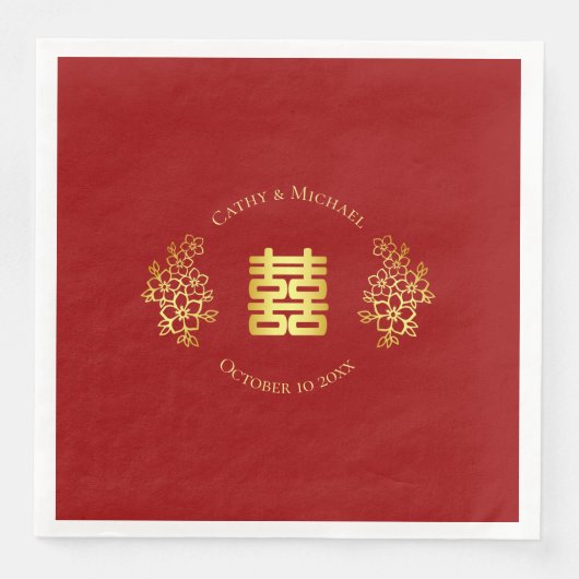 Doppeltes Glück Blumenlogo chinesisch Hochzeit rot Serviette (Vorderseite)