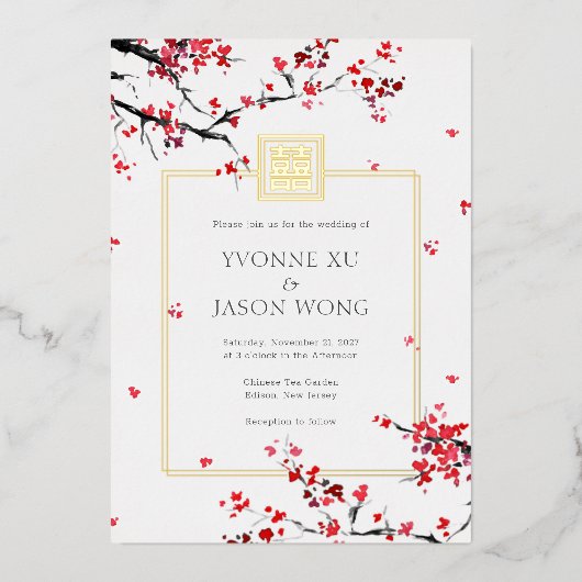 Doppeltes Glück Chinesisch Rot Elegante Hochzeit Folieneinladung (Vorderseite)