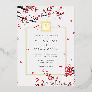 Doppeltes Glück chinesisch rote elegante Hochzeit Folieneinladung
