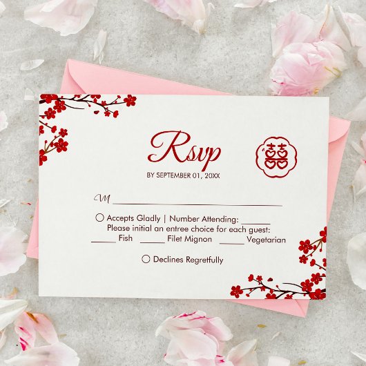 Doppeltes Glück Elegante chinesische Hochzeit RSVP Karte