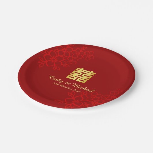 Doppeltes Glück floraler Hintergrund Chinesische H Pappteller (Schrägansicht)