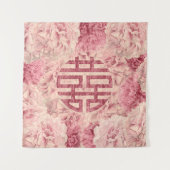 Doppeltes Glück-Symbol auf Pfingstrosen-Blumen Wandteppich (Vorderseite)