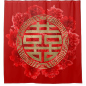 Doppeltes Glück-Symbol auf roten Pfingstrosen Duschvorhang (Vorderseite)