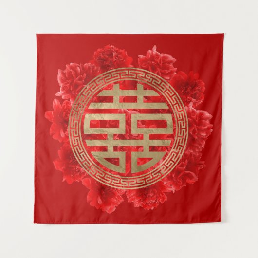 Doppeltes Glück-Symbol auf roten Pfingstrosen Wandteppich (Vorderseite)