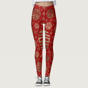 Doppeltes Glück-Symbolmuster - Gold auf Rot Leggings