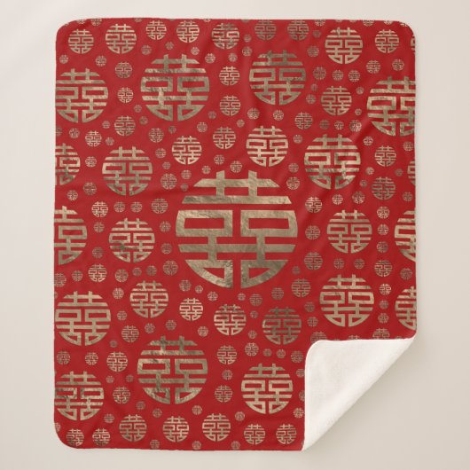 Doppeltes Glück-Symbolmuster - Gold auf Rot Sherpadecke (Vorderseite)