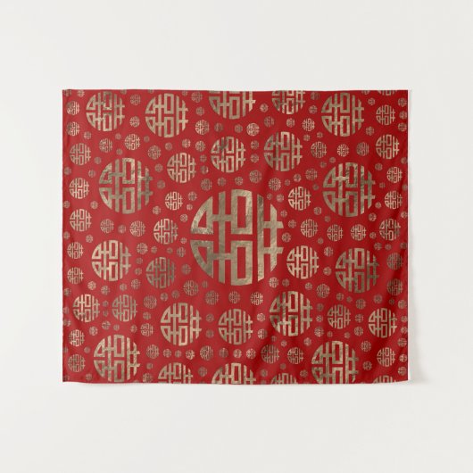 Doppeltes Glück-Symbolmuster - Gold auf Rot Wandteppich (Vorderseite (Horizontal))