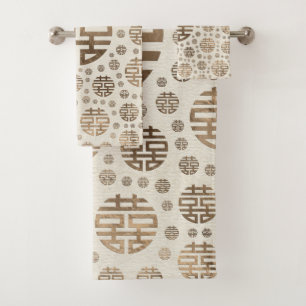 Doppeltes Glück-Symbolmuster - Pastellgold Badhandtuch Set