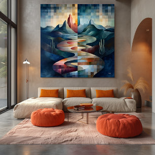Doppeltönige abstrakte Landschaft mit Fluss und Be Leinwanddruck