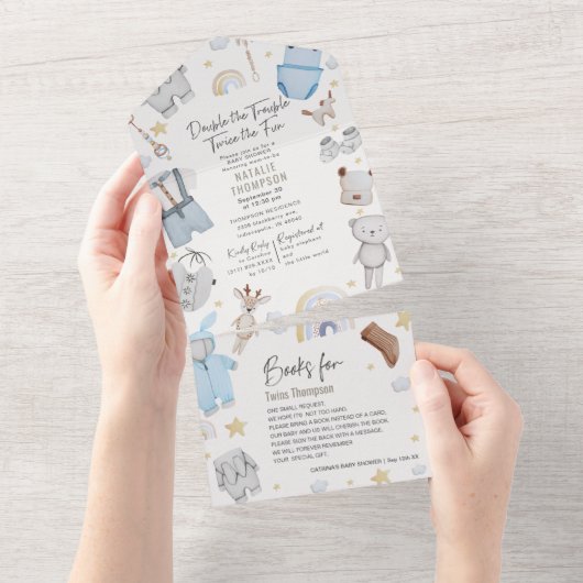 Doppeltrouble Bekleidung Zwillingsboys & Books Bab All In One Einladung (Abreißen)