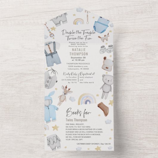 Doppeltrouble Bekleidung Zwillingsboys & Books Bab All In One Einladung (Innen Boden)
