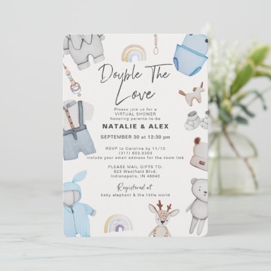 Doppeltrouble Clothes Zwillingsboy Virtual Dusche Einladung (Stehend Vorderseite)