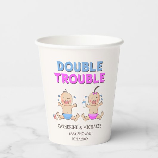 Doppeltrouble Twin Boy & Girl Baby Dusche Pappbecher (Rückseite)