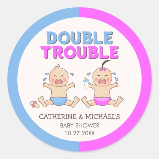 Doppeltrouble Twin Boy & Girl Baby Dusche Runder Aufkleber (Vorderseite)