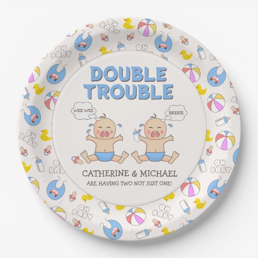 Doppeltrouble Twin Boys Babydusche Pappteller (Vorderseite)