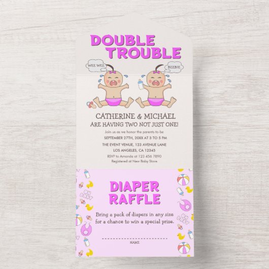 Doppeltrouble Twin Girls Babydusche All In One Einladung (Innen Boden)