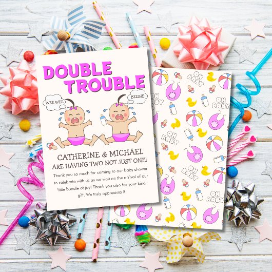 Doppeltrouble Twin Girls Babydusche Dankeskarte