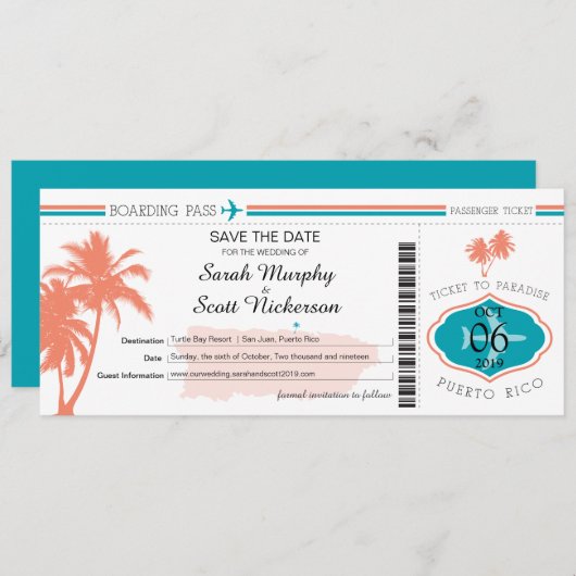 Dorado Beach Puerto Rico Boarding Pass Save The Date (Vorne/Hinten)