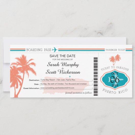 Dorado Beach Puerto Rico Boarding Pass Save The Date (Vorderseite)