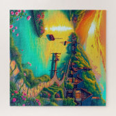 Dorf am See bei Sonnenuntergang Puzzle (Horizontal)