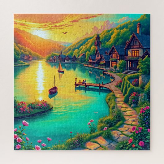 Dorf am See bei Sonnenuntergang Puzzle (Vertikal)