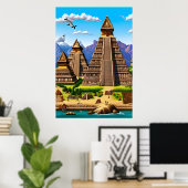 Dorf Aztec in der Nähe eines Flusses | AI Art Post Poster (Heimbüro)