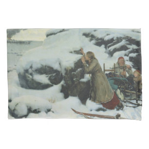 Dorf Burnt im Winter (von Albert Edelfelt) Kissenbezug
