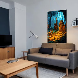 Dorf Gingerbread im dunklen Wald | Art der AI Poster