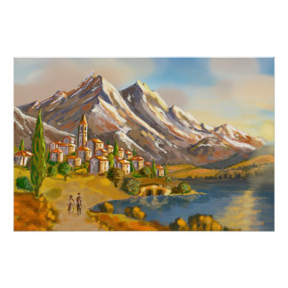 Dorf in den hohen Bergen Poster