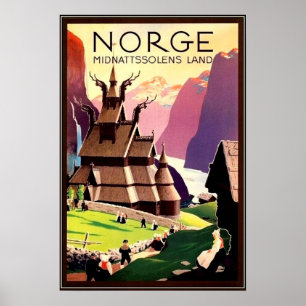 Dorf in Norwegen, Nordeuropa, Vintage Reise Poster