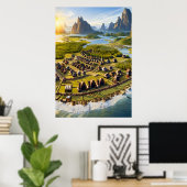 Dorf, Wasser und Ozean | AI Art Poster (Heimbüro)