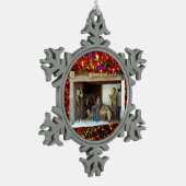 Dorfkrippe unter Canopy mehrfarbige Sterne Schneeflocken Zinn-Ornament (Links)