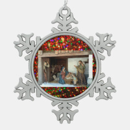 Dorfkrippe unter Canopy mehrfarbige Sterne Schneeflocken Zinn-Ornament