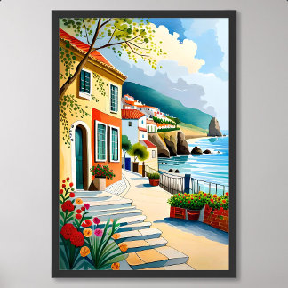 Dorfmalerei auf Strandklippe dekorierte Blume Poster