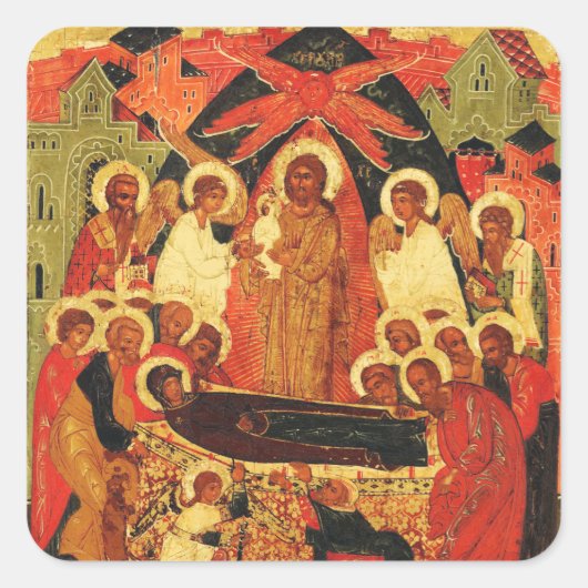 Dormition der Mutter Gottes orthodoxe Ikone Quadratischer Aufkleber (Vorderseite)