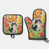 Dornkatzen im Blumengarten Ofenhandschuh & Topflappen-Set (Vorderseite)