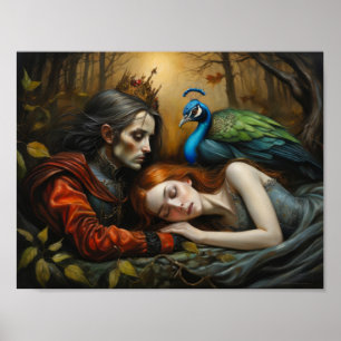 Dornröschen-Geschichte mit Pfau und Prinz Poster
