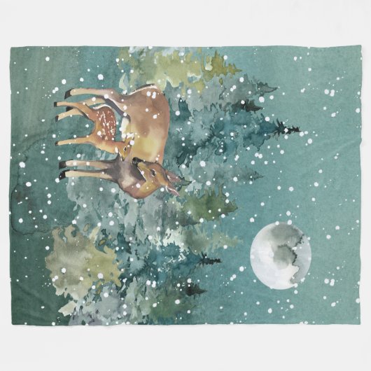 Dos and Fawn Deer in Forest Full Moon Snowfall Fleecedecke (Vorderseite (Horizontal))